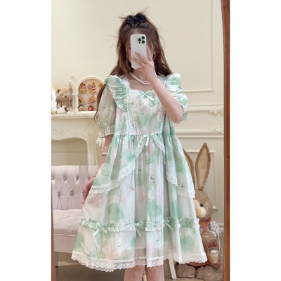 Y4790印花蝴蝶结蕾丝边方领短袖连衣裙