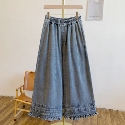 Y3142风琴褶木耳松紧腰牛仔阔腿裤