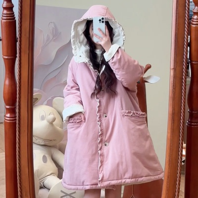 本素棉麻原创外套女冬夹棉拼色两面穿木耳边连帽棉服女