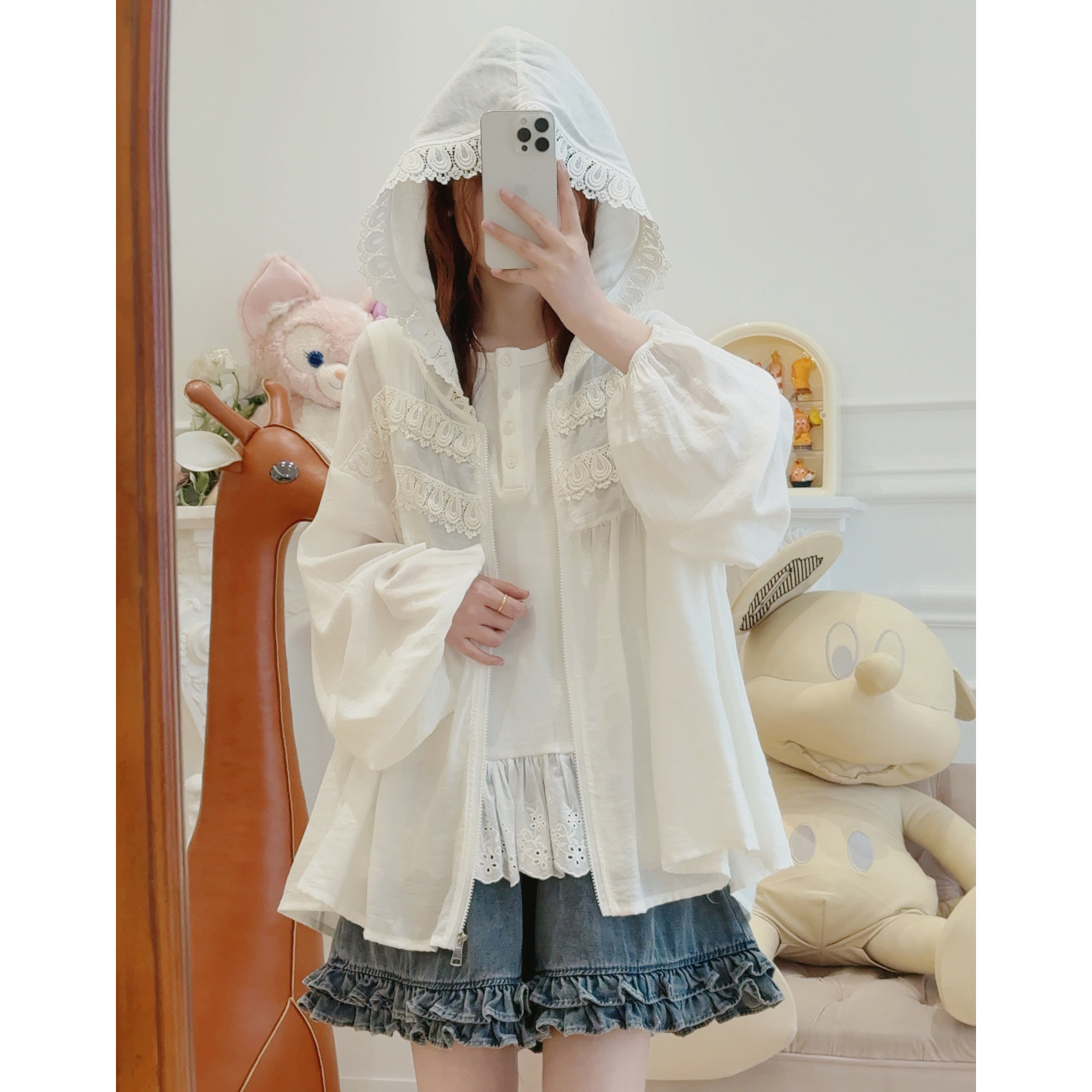 衬衫女款2026新款开衫长袖外套韩版蕾丝边拉链连帽衬衣女