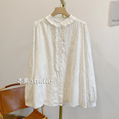 C3235刺绣木耳边全开扣立领衬衫