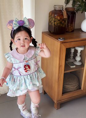 夏季新款娃娃领女童蝴蝶结美人鱼清新裙衫宝宝木耳边短裤两件套装