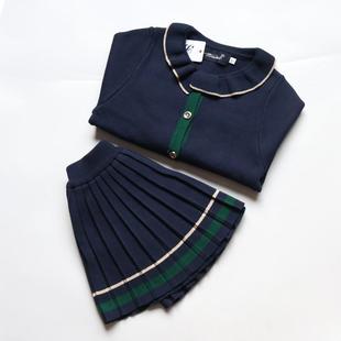 外套儿童宝宝百褶烫金边短裙两件套秋冬 学院风女童木耳领针织开衫