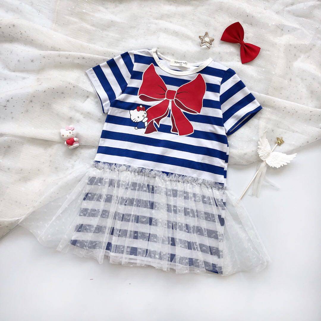 女童海军领蝴蝶结短袖条纹连衣裙文艺小清新甜美纯棉网纱拼接裙子,童装/婴儿装/亲子装,连衣裙,淘宝优惠券,粉丝福利购,淘宝优惠卷