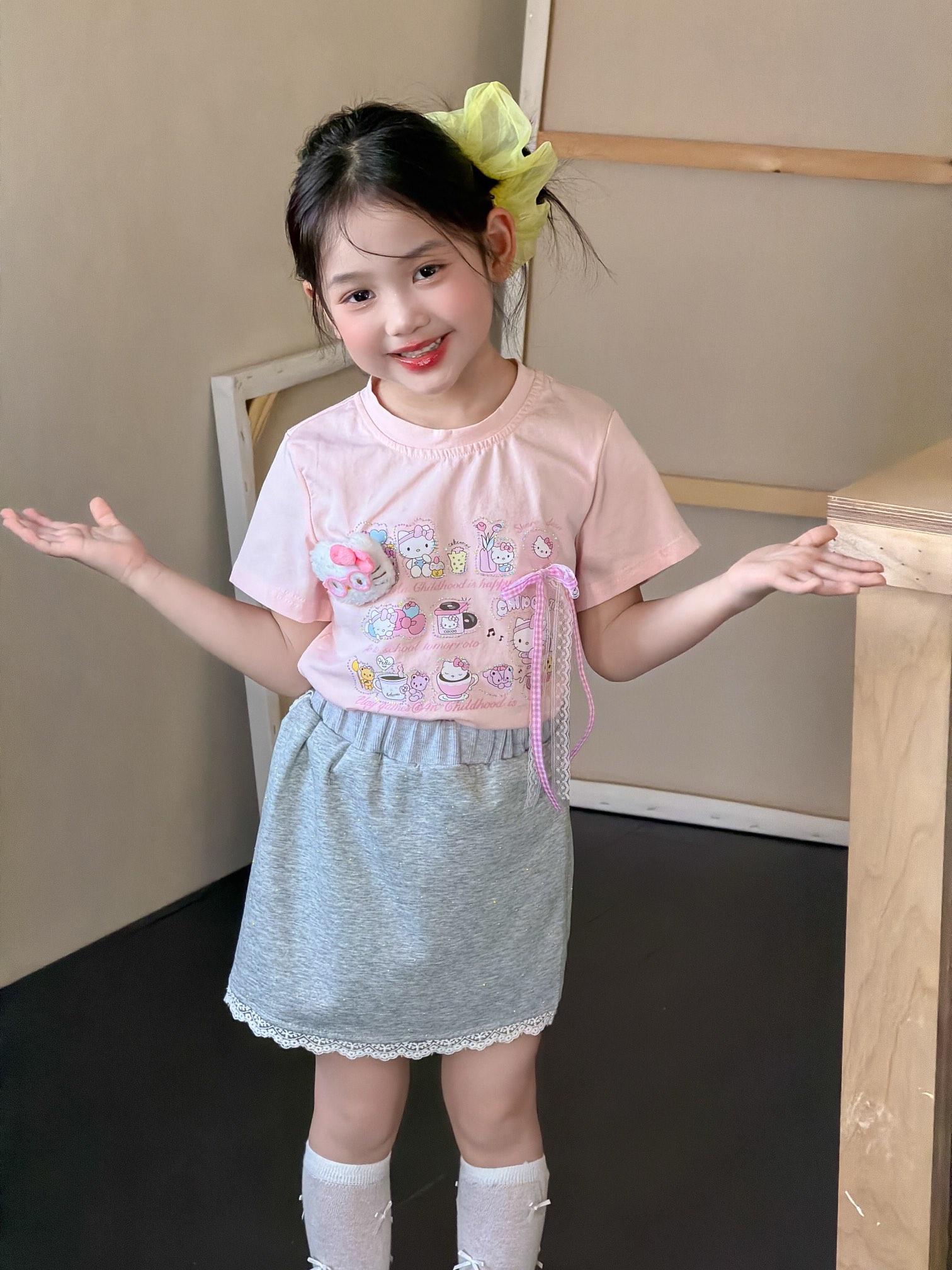 女童2026夏季棉质kt猫印花可爱短袖蕾丝边短裙两件套装儿童新款潮