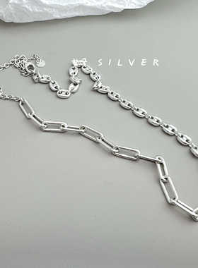 韩代s925纯银实心重工曲别针猪鼻子拼接项链男女款个性百搭毛衣链