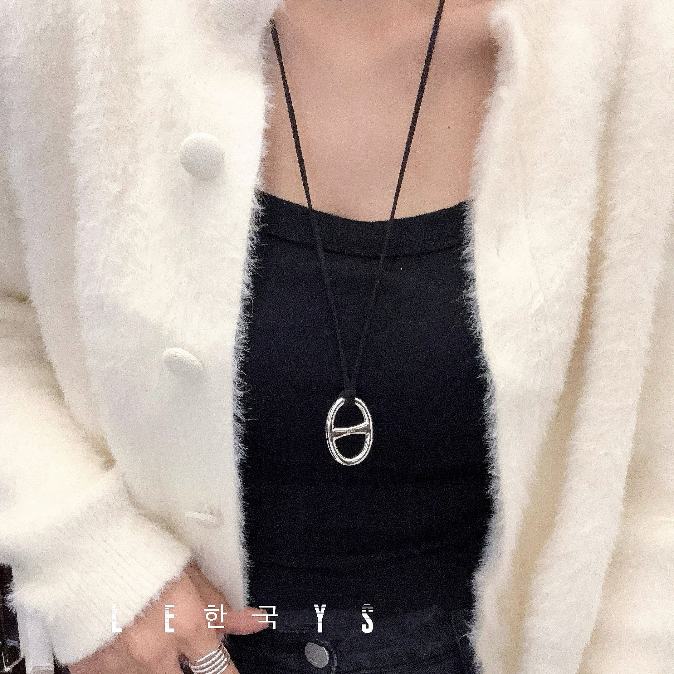 韩单重工s925纯银实心大猪鼻子项链女ins时尚黑绳系带新款毛衣链