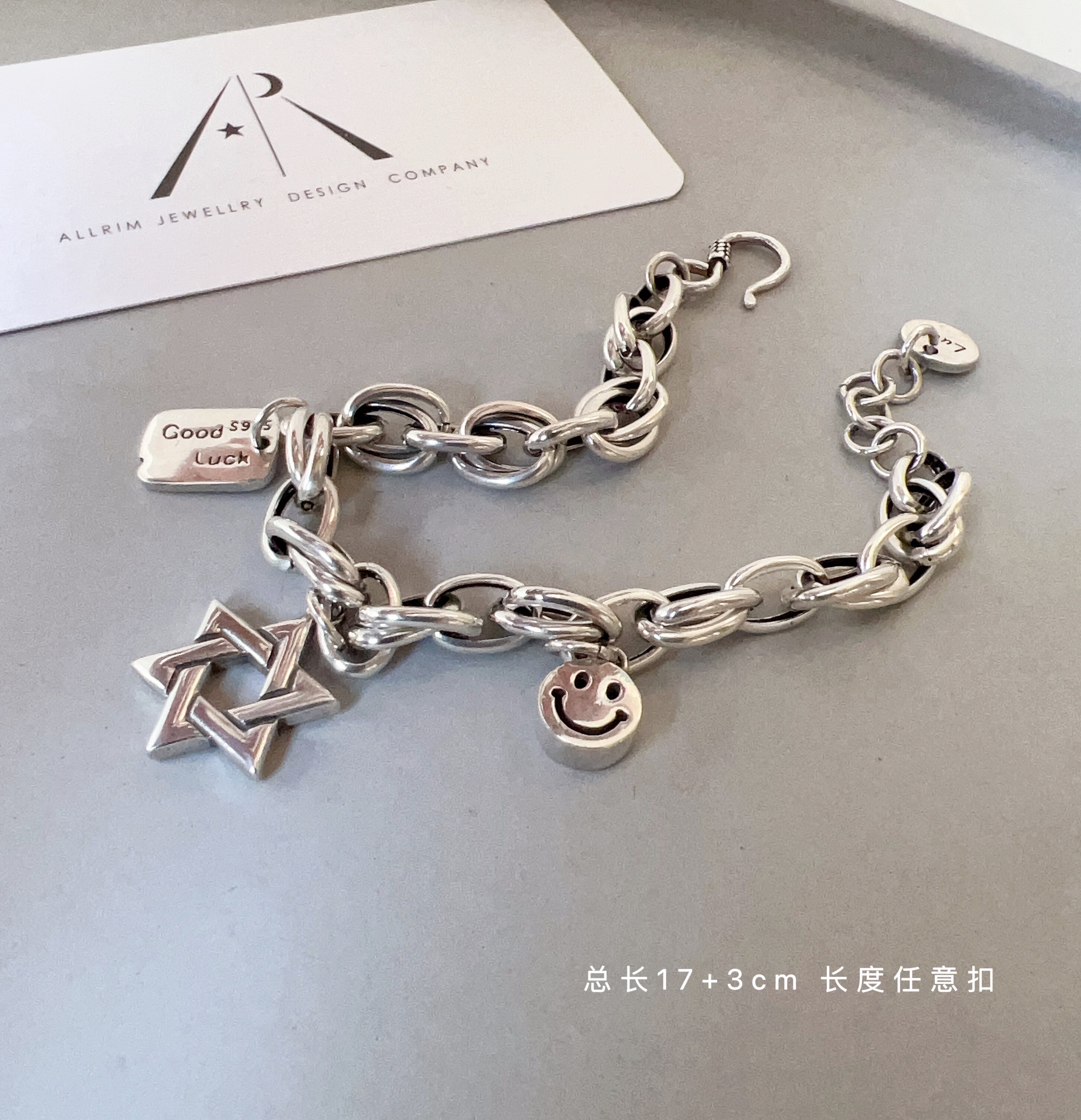 s925纯银手链女六芒星笑脸luck挂坠韩国东大门新款可调节个性潮酷