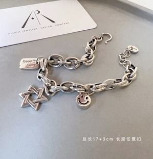 s925纯银手链女六芒星笑脸luck挂坠韩国东大门新款 潮酷 可调节个性
