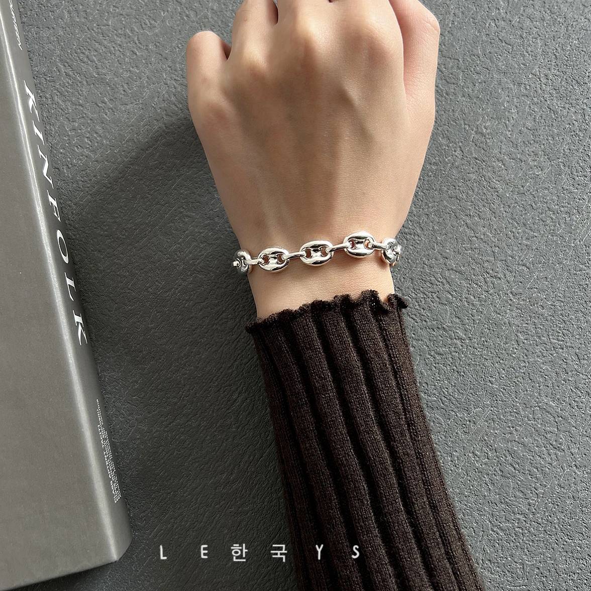 韩国原单s925纯银立体猪鼻子手链欧美中性风个性重工百搭时尚潮酷