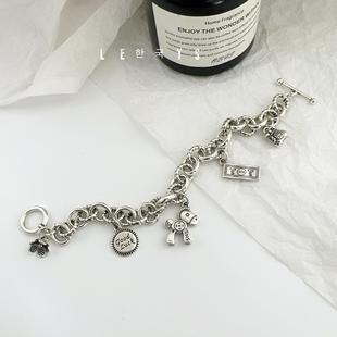 韩国定制s925纯银手链新款马上有钱花转运复古个性ot扣粗链条男女