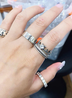 欧货S925纯银皇冠镶钻戒指时尚复古嘻哈闭口食指环叠戴百搭个性潮