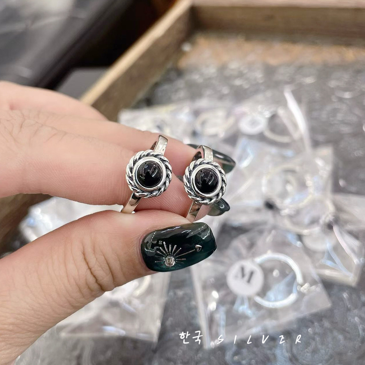 韩代S925纯银黑玛瑙戒指女ins小众设计感复古简约开口可调节新款