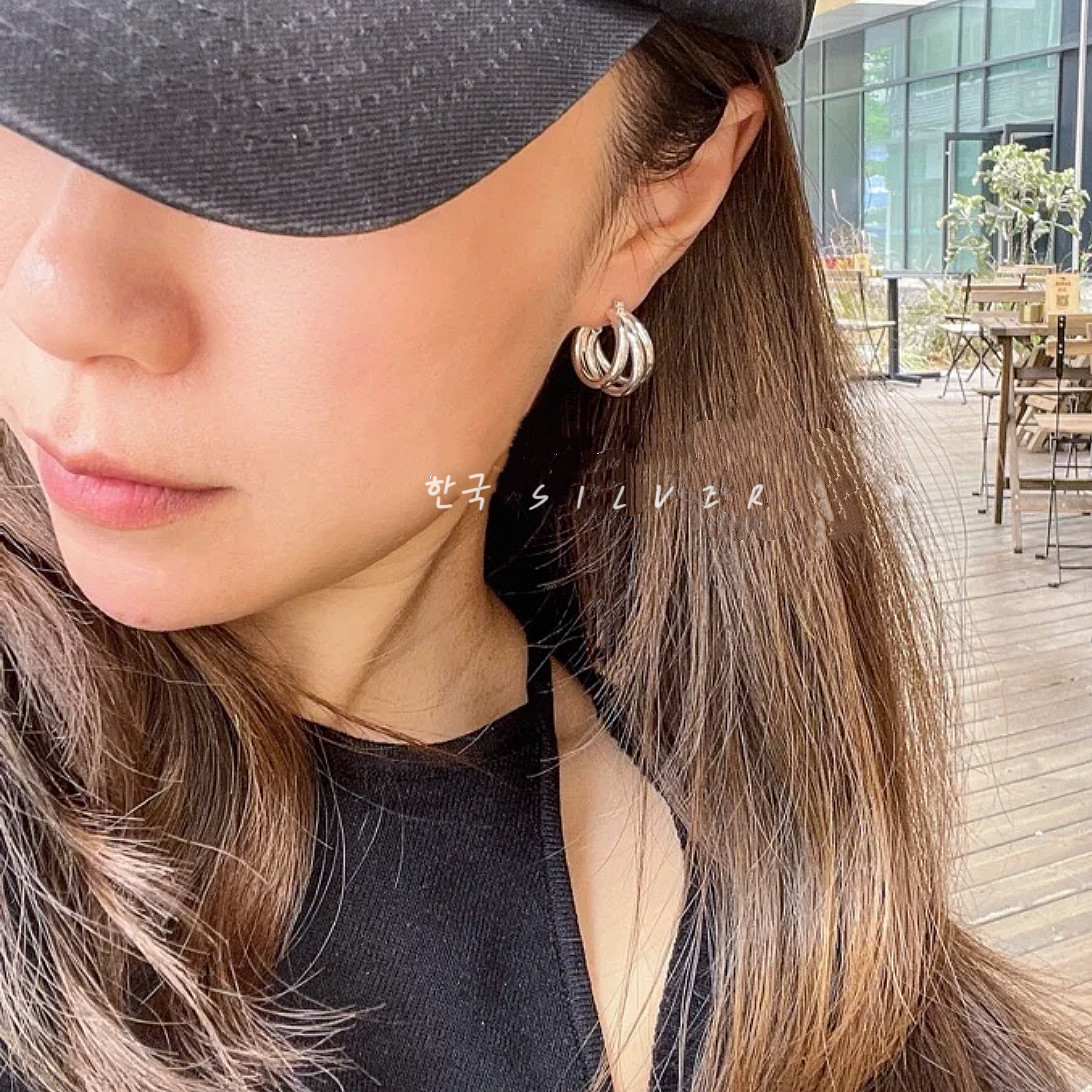 韩代精工S925纯银耳环小众设计高级感三环C形耳圈耳扣新款耳饰女