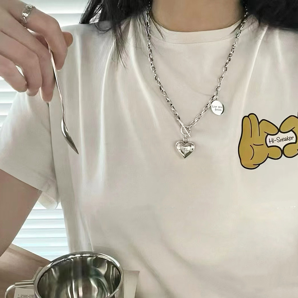 s925纯银立体爱心吊坠项链女百搭粗链条OT扣卫衣毛衣链女个性重工