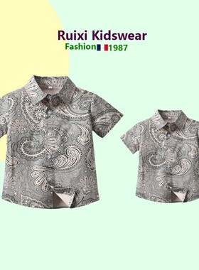 一家三口时尚亲子上衣父子装短袖衬衫母子翻领开衫时尚百搭兄弟装