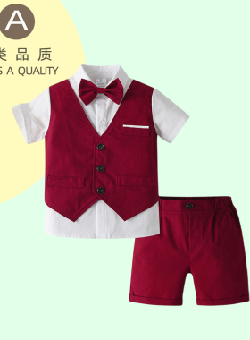宝宝夏季绅士西服男童套装夏款儿童红色花童礼服周岁生日短袖短裤