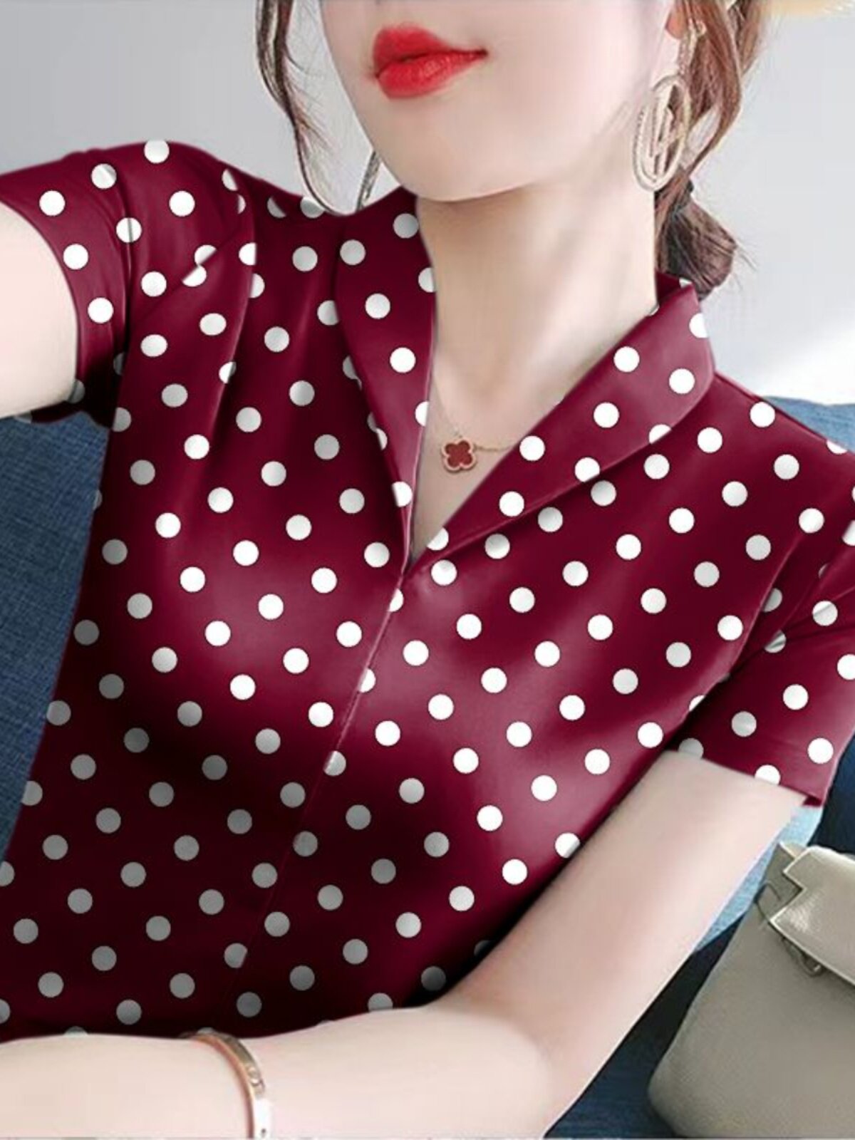 중년 및 노인 반팔 티셔츠 여성 신작 여름 V 넥 바닥 셔츠 세련된 인쇄 슬림 라펠 탑 작은 셔츠 유행
