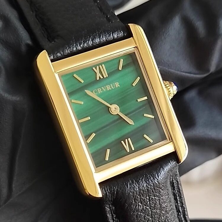 crvrur原创女表方形石英小绿表真皮皮带防水马蹄扣手表简约时尚