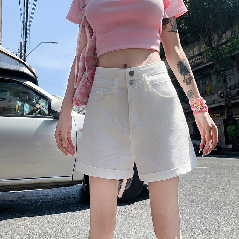 白色高腰牛仔短裤女夏季宽松显瘦两粒扣卷边阔腿阔A字热裤小个子