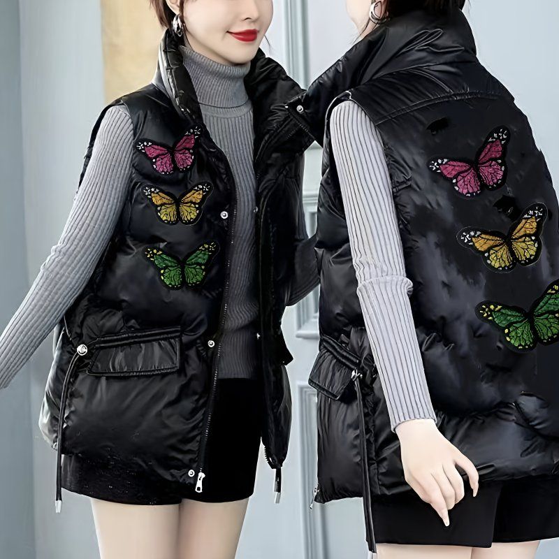 刺绣蝴蝶羽绒棉马甲女外秋冬拉德亮面2024新款短款立领坎肩外套