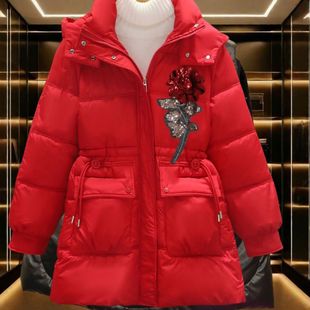 红色玫瑰中长款羽绒棉服女2024新款时尚百搭收腰显瘦棉衣加厚外套