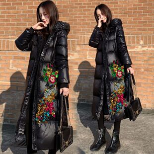 过膝宽松加厚棉袄外套 新款 钻花长款 羽绒棉衣黑色棉服2025亮面韩版