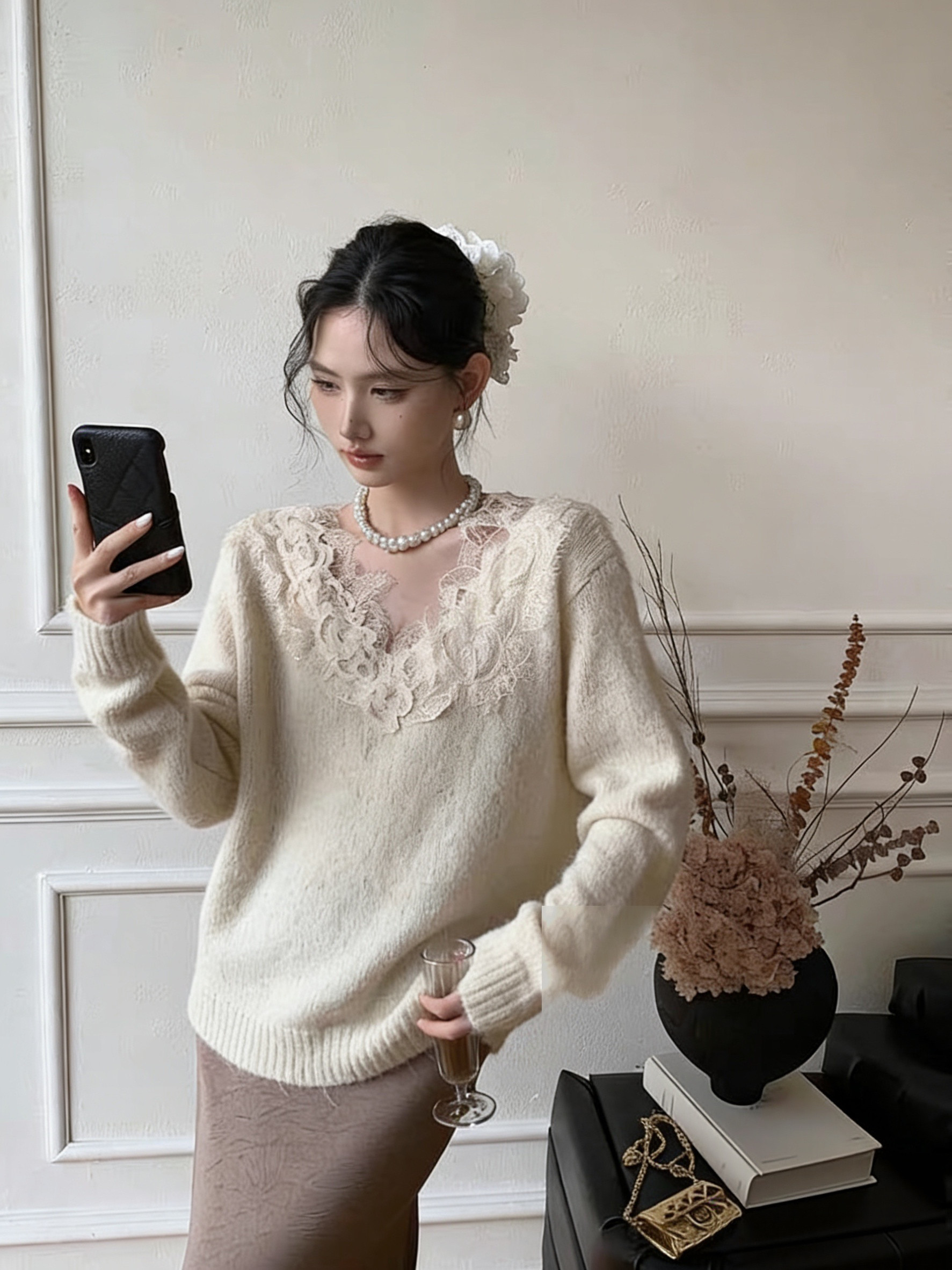 韩系春款漂亮蕾丝花边V领宽松毛衣女软糯杏色长袖慵懒针织衫上衣