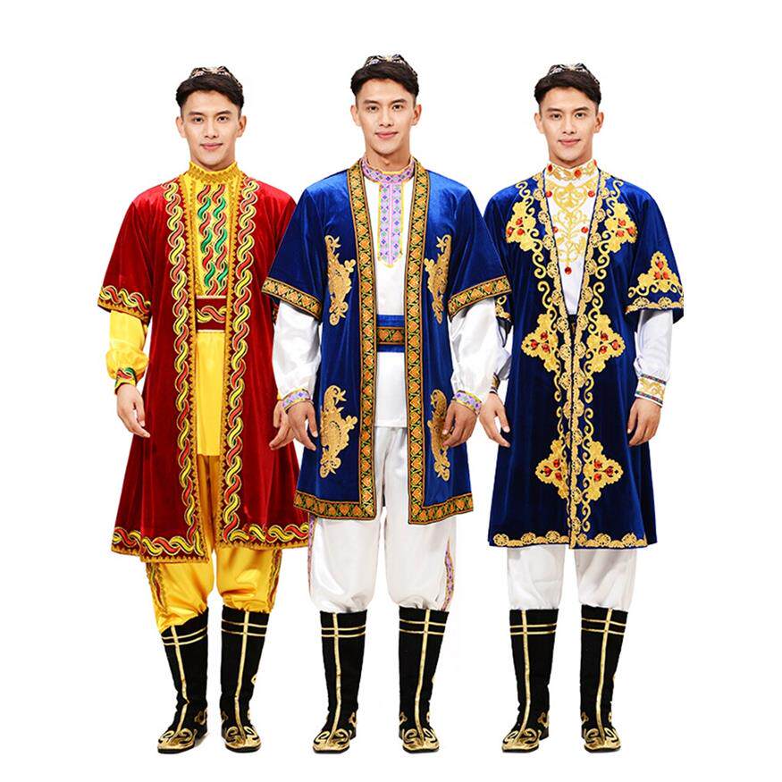 新款新疆舞蹈服装男蓝色少数民族舞蹈维吾尔族演出服饰舞台表演服