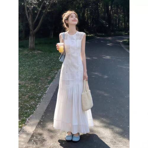 法式度假风白色无袖长裙夏季新款
