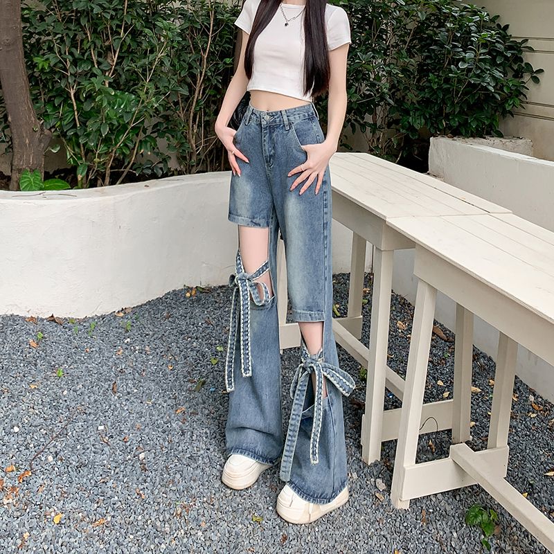 实拍实价~蝴蝶结镂空破洞阔腿牛仔裤女新款设计感高腰显瘦长裤子
