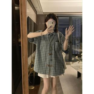 复古港风chic小个子上衣 高级感拼色格子牛角扣短袖 衬衫 女夏季 韩版