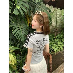 甜美蕾丝V领上衣女装 实拍11螺纹210克短袖 修身 t恤夏2025新款 短款