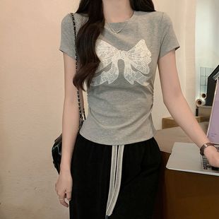 实拍11螺纹210克短袖 t恤夏2025潮蕾丝正肩修身 短款 圆领上衣女装