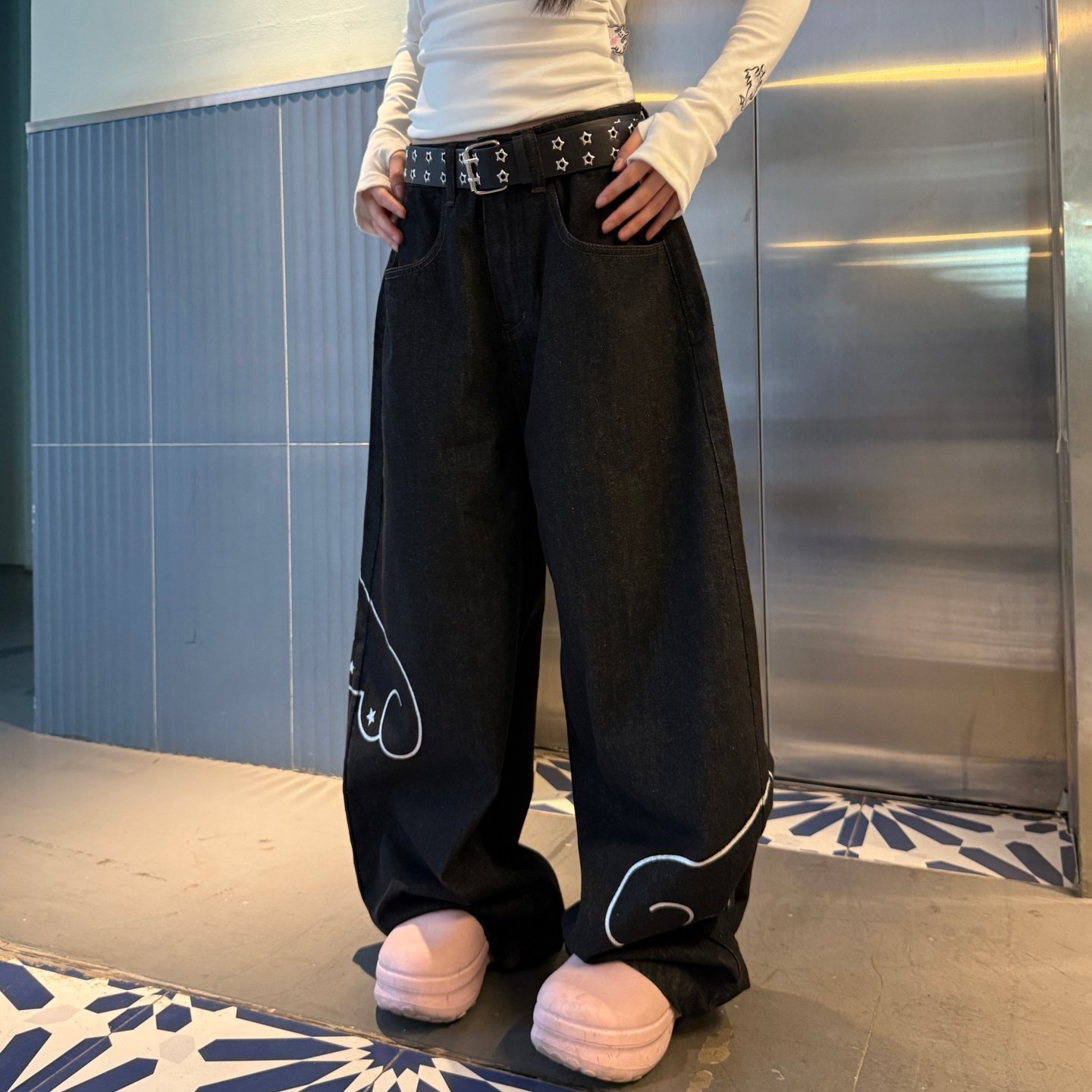 梁拌泡菜LBPC天使翅膀印花弯刀裤男女设计感宽松休闲百搭阔腿长裤,女装/女士精品,牛仔裤,淘宝优惠券,粉丝福利购,淘宝优惠卷