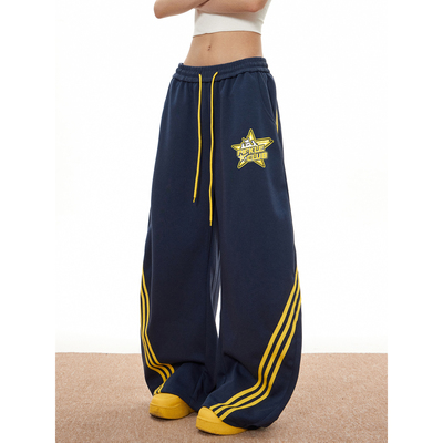 梁拌泡菜美式复古三条杠阔腿弯刀卫裤男女撞色条纹休闲运动裤子潮