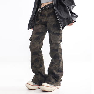 梁拌泡菜美式复古工装迷彩裤男女同款高街vibe微喇宽松裤子潮