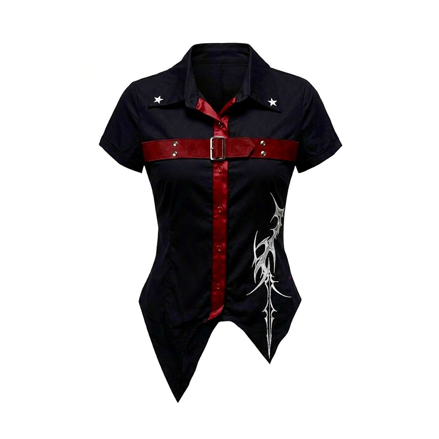 梁拌泡菜 黑红撞色荆棘刺绣收腰衬衫亚文化甜酷风不规则短袖上衣