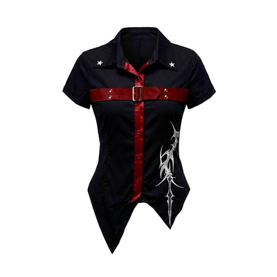 梁拌泡菜 黑红撞色荆棘刺绣收腰衬衫亚文化甜酷风不规则短袖上衣