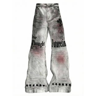 街头风 男女百搭做旧水洗长裤 梁拌泡菜美式 复古字母印花微喇牛仔裤