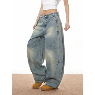 梁拌泡菜美式复古水洗做旧弯刀牛仔裤立体剪裁廓形宽松阔腿长裤子