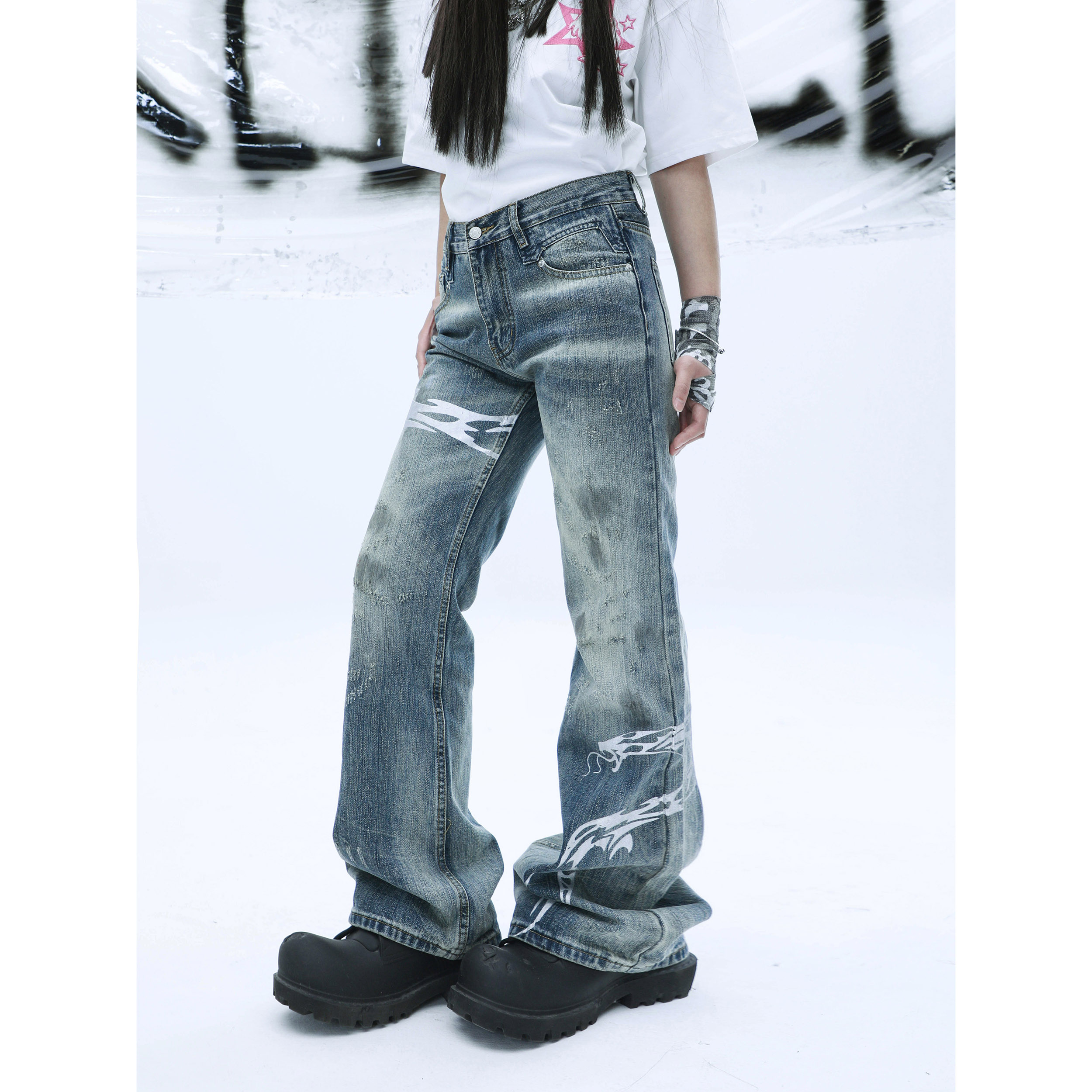 美式高街显瘦个性印花百搭牛仔裤