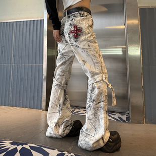 梁拌泡菜美式复古重工刷色微喇裤女新款高腰设计感街头风休闲裤