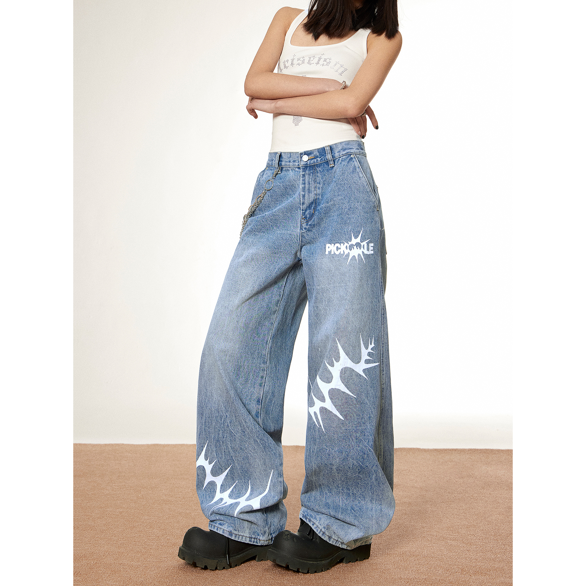 梁拌泡菜荆棘幽灵印花牛仔裤宽松嘻哈裤子阔腿直筒休闲裤男女潮牌