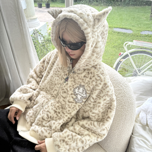 梁拌泡菜亚比猫咪豹纹幽灵恶魔加绒卫衣男女设计感休闲外套连帽衫