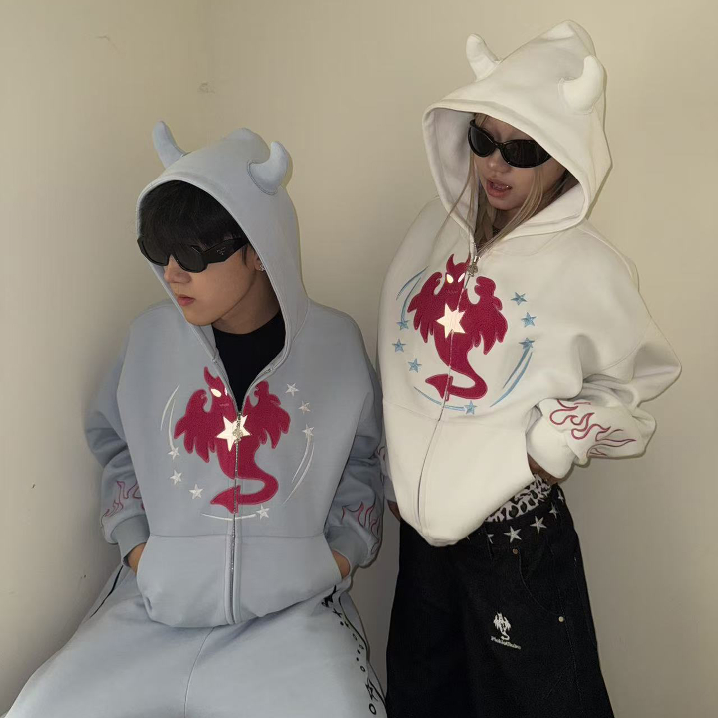 梁拌泡菜美式复古小恶魔角连帽卫衣男女原创设计宽松休闲百搭上衣