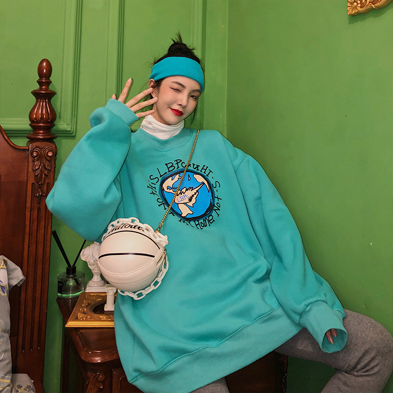 hiphop欧美嘻哈2022年新款冬加绒潮无帽绿色圆领下衣失踪卫衣女厚