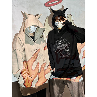 梁拌泡菜PC 美式嘻哈恶魔角面包绣连帽卫衣男女宽松国潮套头上衣