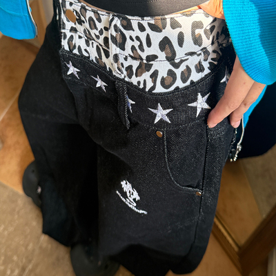 梁拌泡菜美式复古暗星漫游者豹纹阔腿双腰头牛仔裤设计感弯刀裤