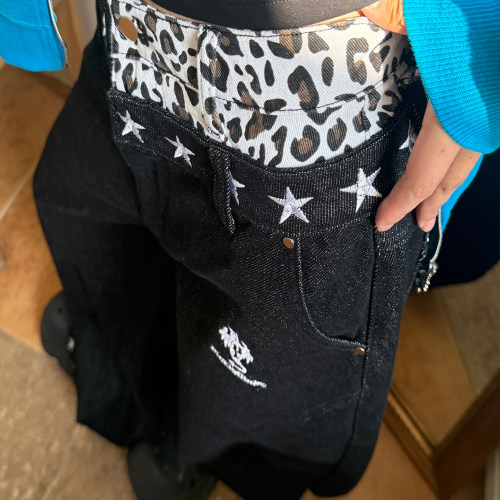 梁拌泡菜美式复古暗星漫游者豹纹阔腿双腰头牛仔裤设计感弯刀裤